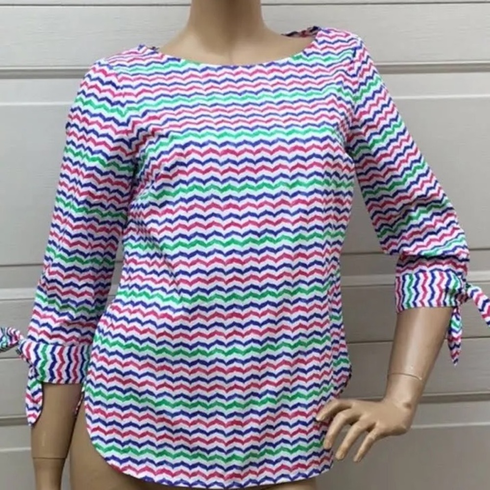 Talbots white tunic with 3/4 sleeves and multiple color zigzag stripes size MP
